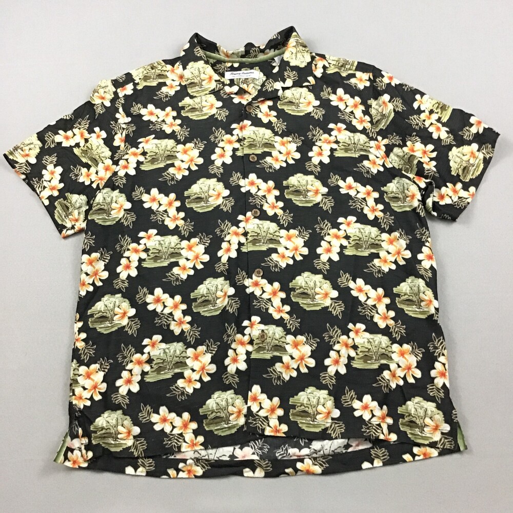 Tommy Bahama Shirt Men Large Black Coconut Point Floral Hawaiian Camp Button Up